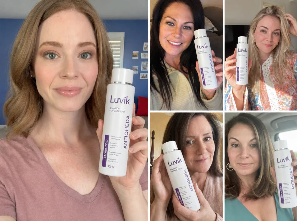 Mulheres segurando os produtos Luvik Antiqueda